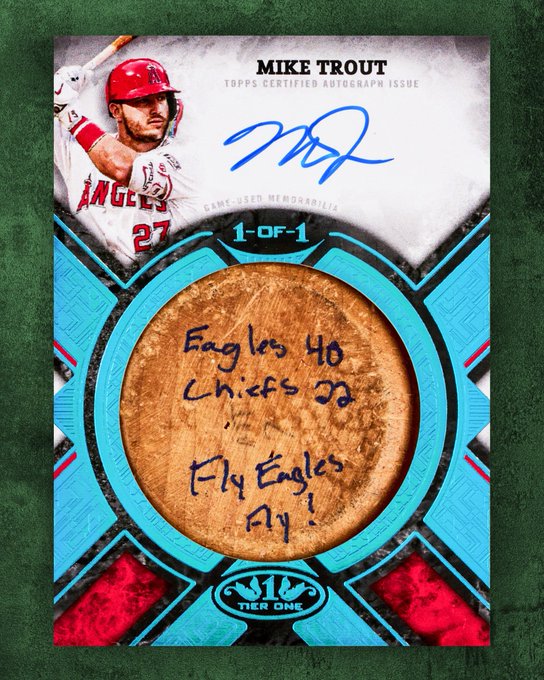 Mike Trout’s Bat Knob Transformed Into a Topps Card Honoring the Eagles’ Super Bowl Win